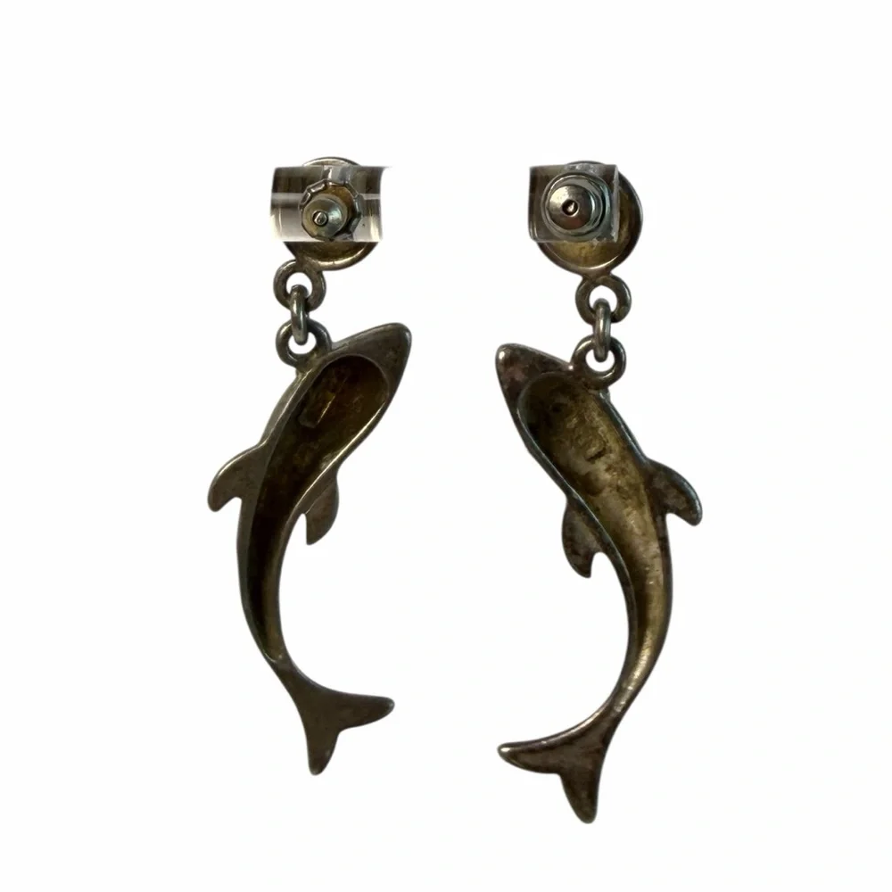 Vintage 925 Sterling Silver Dolphin Dangle Earrings Nautical Ocean beach - Picture 6 of 11